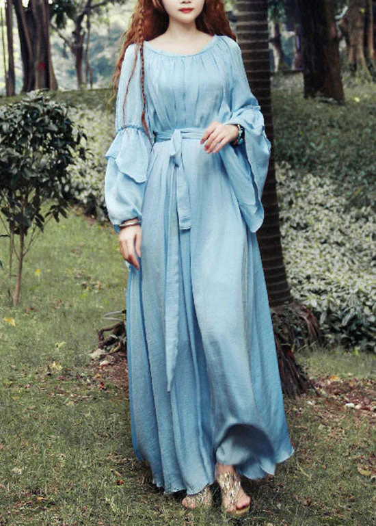 Fitted Blue O-Neck Tie Waist Exra Large Hem Silk Long Dresses Petal Sleeve - republicanstateiFitted Blue O-Neck Tie Waist Exra Large Hem Silk Long Dresses Petal Sleeve - republicanstatei