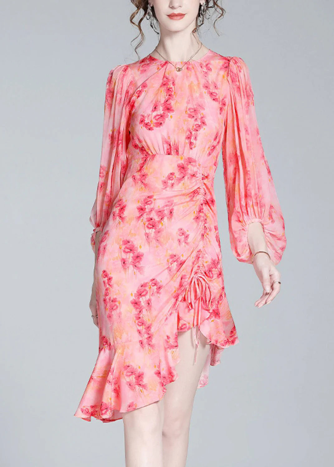 Elegant Pink O-Neck Print Tunic Slim Vacation Long Dresses Lantern Sleeve - republicanstateiElegant Pink O-Neck Print Tunic Slim Vacation Long Dresses Lantern Sleeve - republicanstatei