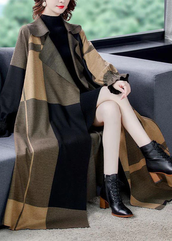 Fashion Khaki Peter Pan Collar Pockets Plaid Spandex Coat Outwear Long Sleeve - republicanstateiFashion Khaki Peter Pan Collar Pockets Plaid Spandex Coat Outwear Long Sleeve - republicanstatei