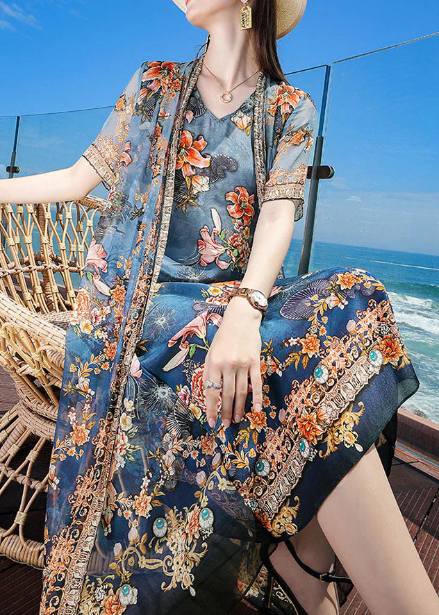 Fine Blue V Neck Print 2024 Silk Fake Two Piece Vacation Dresses Short Sleeve - republicanstateiFine Blue V Neck Print 2024 Silk Fake Two Piece Vacation Dresses Short Sleeve - republicanstatei