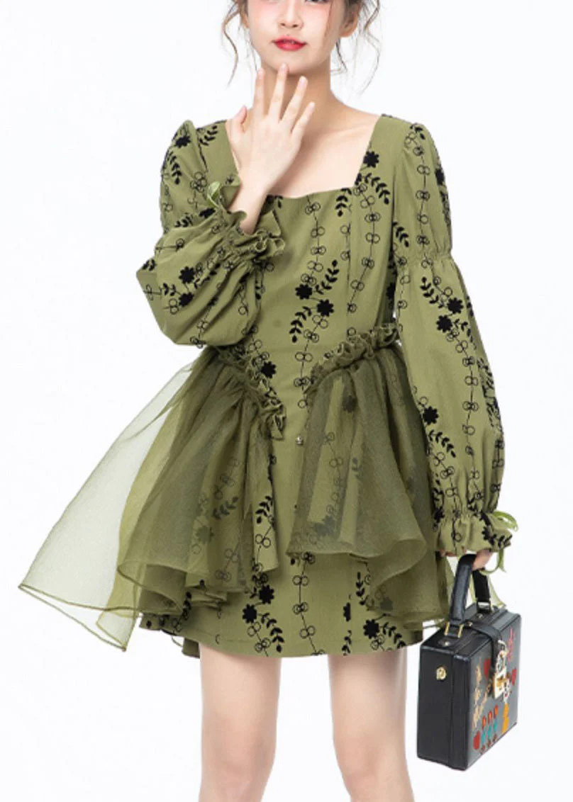 Beautiful Green Square Collar Print Tulle Patchwork Mid Dresses Long Sleeve - republicanstateiBeautiful Green Square Collar Print Tulle Patchwork Mid Dresses Long Sleeve - republicanstatei