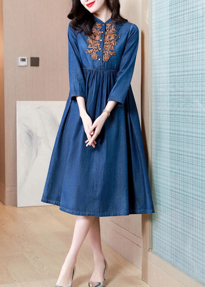 French Denim Blue V Neck Embroideried Patchwork Elastic Waist Cotton Long Dresses Spring - republicanstateiFrench Denim Blue V Neck Embroideried Patchwork Elastic Waist Cotton Long Dresses Spring - republicanstatei