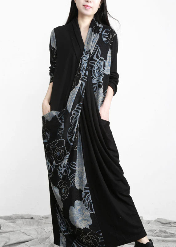 Unique Black Blue Asymmetrical Print Patchwork Cotton Dress Long Sleeve - republicanstateiUnique Black Blue Asymmetrical Print Patchwork Cotton Dress Long Sleeve - republicanstatei