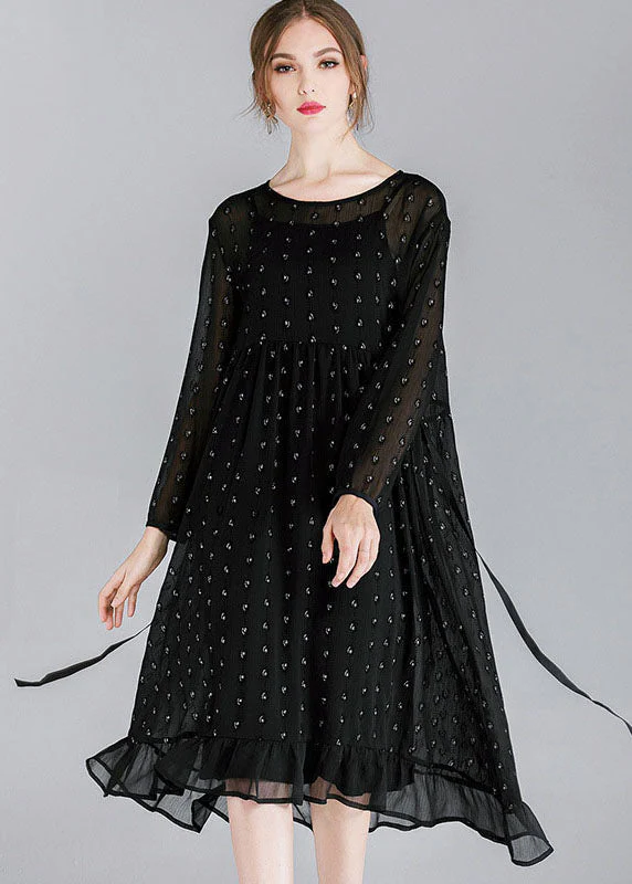 French Black O-Neck Patchwork Ruffled Chiffon Dress Two Pieces Set Spring - republicanstateiFrench Black O-Neck Patchwork Ruffled Chiffon Dress Two Pieces Set Spring - republicanstatei