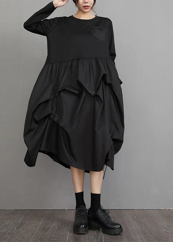 Casual Black O-Neck Wrinkled Patchwork Maxi Lantern Dresses Long Sleeve - republicanstateiCasual Black O-Neck Wrinkled Patchwork Maxi Lantern Dresses Long Sleeve - republicanstatei