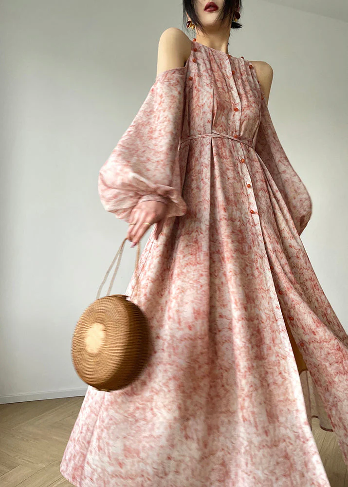 Bohemian O-Neck Print Button Pockets Tie Waist Chiffon Long Dresses Long Sleeve - republicanstateiBohemian O-Neck Print Button Pockets Tie Waist Chiffon Long Dresses Long Sleeve - republicanstatei