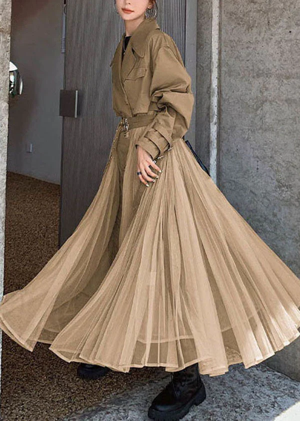 Women Khaki Peter Pan Collar Tulle Patchwork Cotton Trench Long Sleeve - republicanstateiWomen Khaki Peter Pan Collar Tulle Patchwork Cotton Trench Long Sleeve - republicanstatei