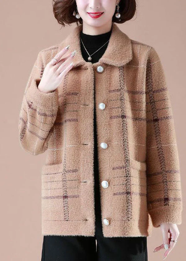 Unique Khaki Peter Pan Collar Plaid Pockets Mink Hair Knitted Coats Winter - republicanstateiUnique Khaki Peter Pan Collar Plaid Pockets Mink Hair Knitted Coats Winter - republicanstatei