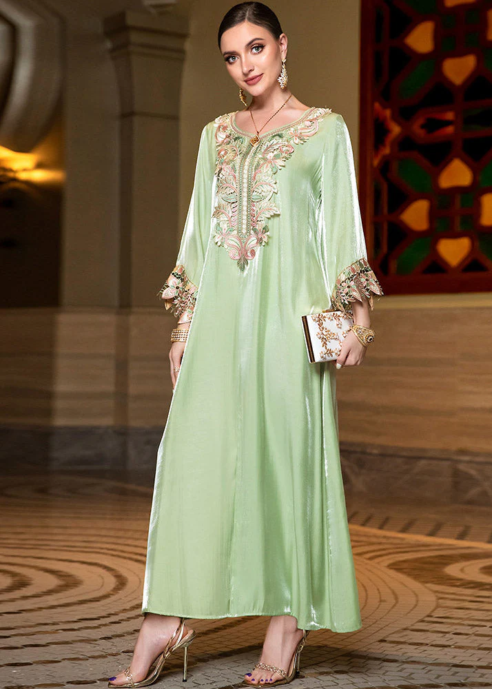 Fitted Light Green O-Neck Embroideried Lace Patchwork Silk Long Dress Fall - republicanstateiFitted Light Green O-Neck Embroideried Lace Patchwork Silk Long Dress Fall - republicanstatei
