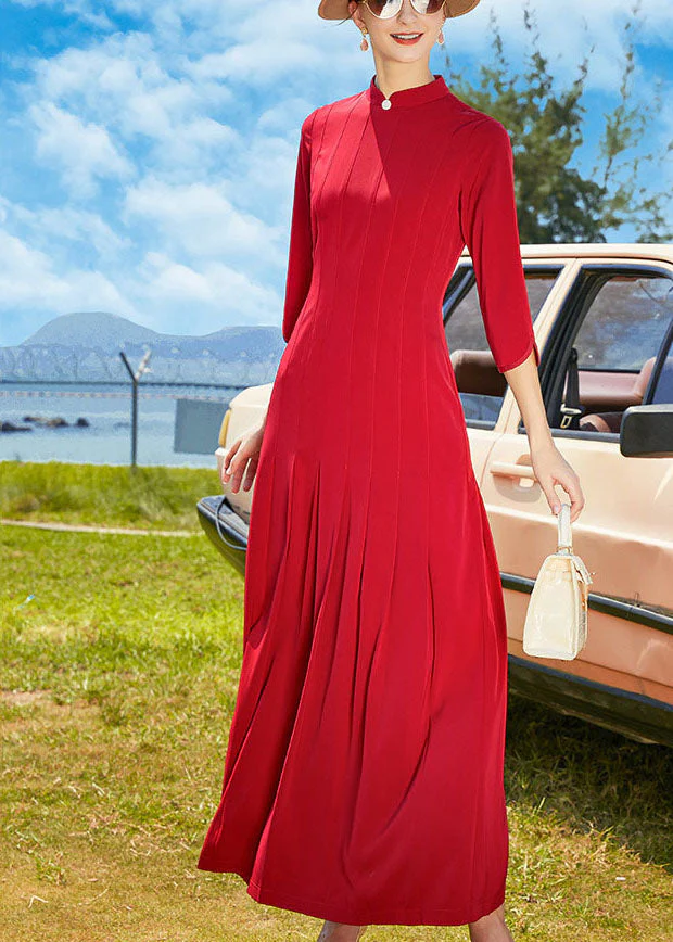 Vintage Red Stand Collar Wrinkled Chiffon Long Dresses Bracelet Sleeve - republicanstateiVintage Red Stand Collar Wrinkled Chiffon Long Dresses Bracelet Sleeve - republicanstatei
