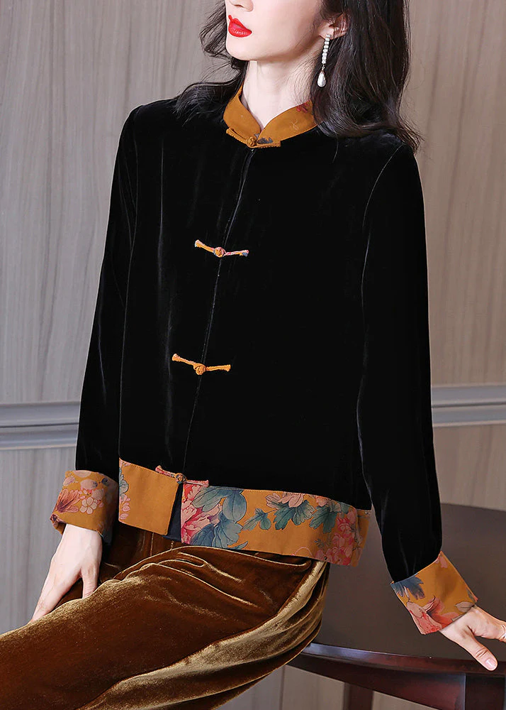 Retro Black Stand Collar Print Patchwork Button Velour Coats Long Sleeve - republicanstateiRetro Black Stand Collar Print Patchwork Button Velour Coats Long Sleeve - republicanstatei