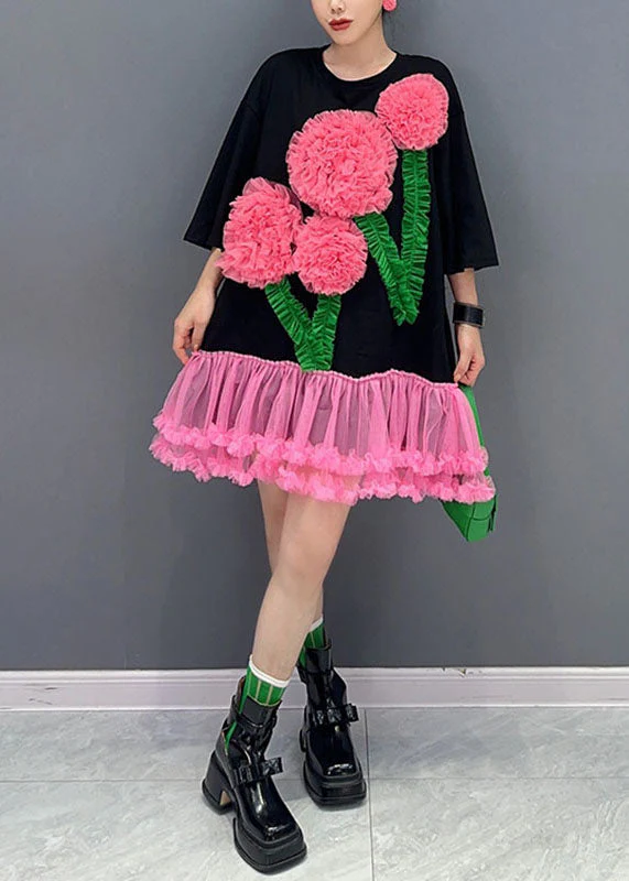 Italian Black O-Neck Floral Tulle Patchwork Mid T Shirts Dress Long Sleeve - republicanstateiItalian Black O-Neck Floral Tulle Patchwork Mid T Shirts Dress Long Sleeve - republicanstatei