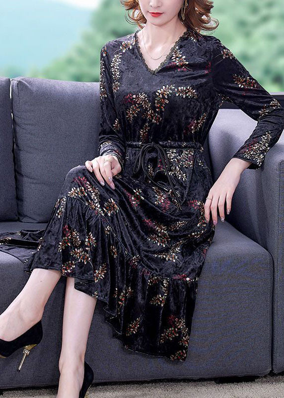 Classy Black V Neck Patchwork Ruffles Print Silk Velour Cinched Dresses Spring - republicanstateiClassy Black V Neck Patchwork Ruffles Print Silk Velour Cinched Dresses Spring - republicanstatei