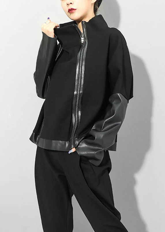Beautiful Black Stand Collar Zip Up Faux Leather Patchwork Coat Long Sleeve - republicanstateiBeautiful Black Stand Collar Zip Up Faux Leather Patchwork Coat Long Sleeve - republicanstatei