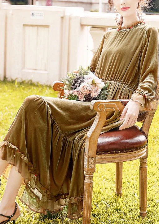 Women Khaki Ruffled Patchwork Exra Large Hem Silk Velour Dresses Spring - republicanstateiWomen Khaki Ruffled Patchwork Exra Large Hem Silk Velour Dresses Spring - republicanstatei