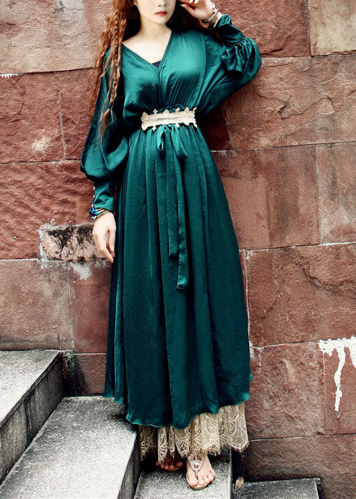 French Blackish Green V Neck Lace Patchwork Silk Maxi Dresses Batwing Sleeve - republicanstateiFrench Blackish Green V Neck Lace Patchwork Silk Maxi Dresses Batwing Sleeve - republicanstatei
