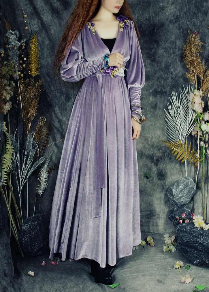 Boho Purple V Neck Applique Tie Waist Silk Velour Maxi Dresses Spring - republicanstateiBoho Purple V Neck Applique Tie Waist Silk Velour Maxi Dresses Spring - republicanstatei