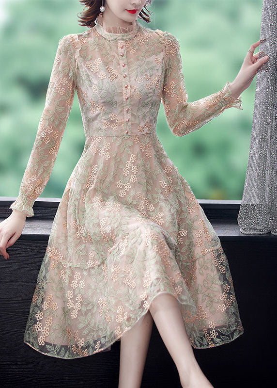 French Beige Stand Collar Embroideried Exra Large Hem Tulle Dresses Spring - republicanstateiFrench Beige Stand Collar Embroideried Exra Large Hem Tulle Dresses Spring - republicanstatei