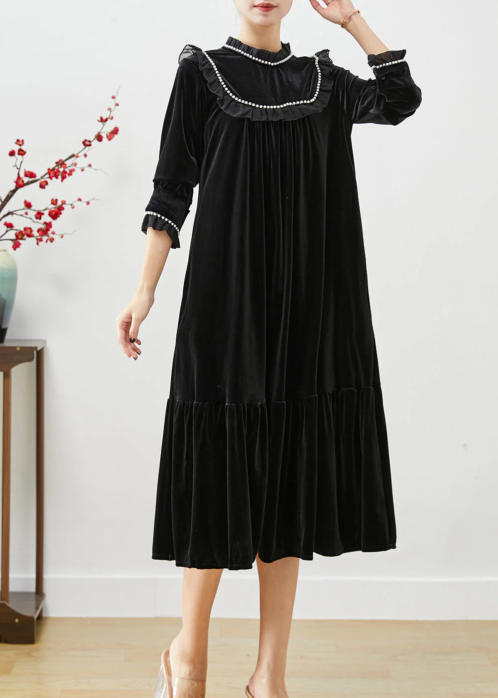 Natural Black Stand Collar Ruffled Patchwork Pearl Silk Velour Dress Fall - republicanstateiNatural Black Stand Collar Ruffled Patchwork Pearl Silk Velour Dress Fall - republicanstatei