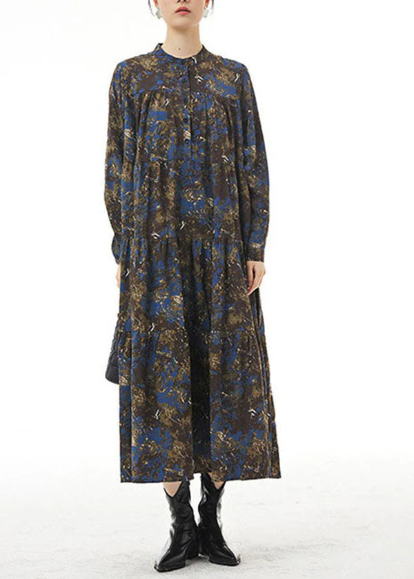 Modern Blue Stand Collar Print Wrinkled Patchwork Cotton Dresses Spring - republicanstateiModern Blue Stand Collar Print Wrinkled Patchwork Cotton Dresses Spring - republicanstatei