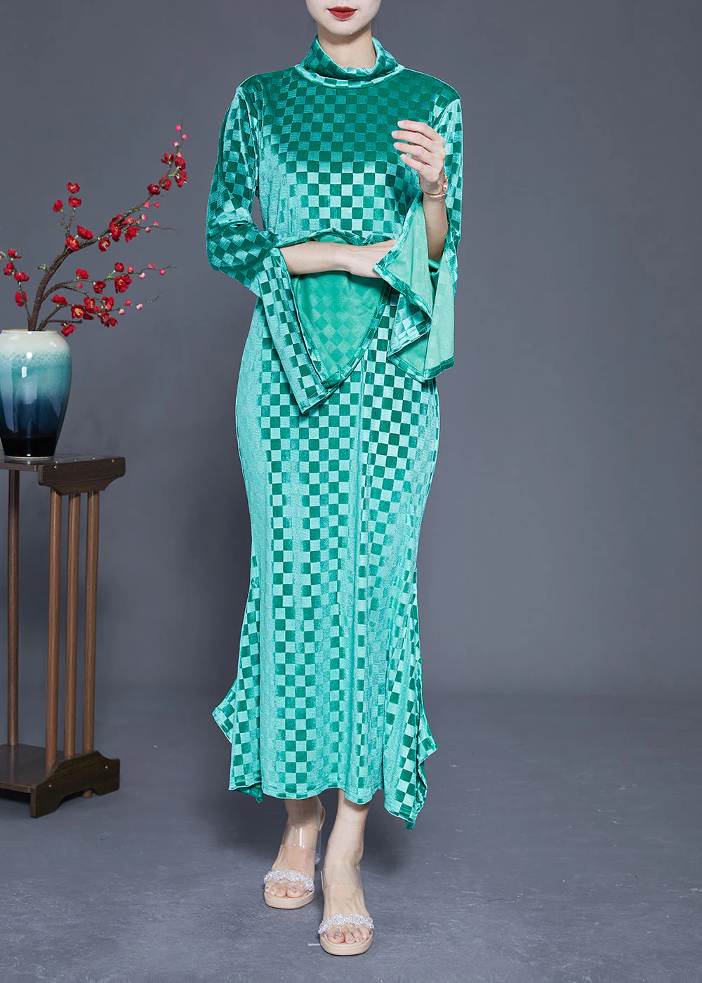 Art Green Stand Collar Plaid Side Open Silk Velour Long Dress Flare Sleeve - republicanstateiArt Green Stand Collar Plaid Side Open Silk Velour Long Dress Flare Sleeve - republicanstatei