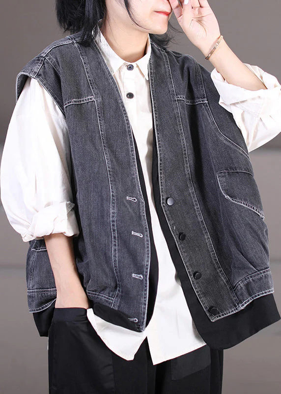 Dark Gray V Neck Patchwork Button Fake Two Pieces Denim Waistcoat Sleeveless - republicanstateiDark Gray V Neck Patchwork Button Fake Two Pieces Denim Waistcoat Sleeveless - republicanstatei