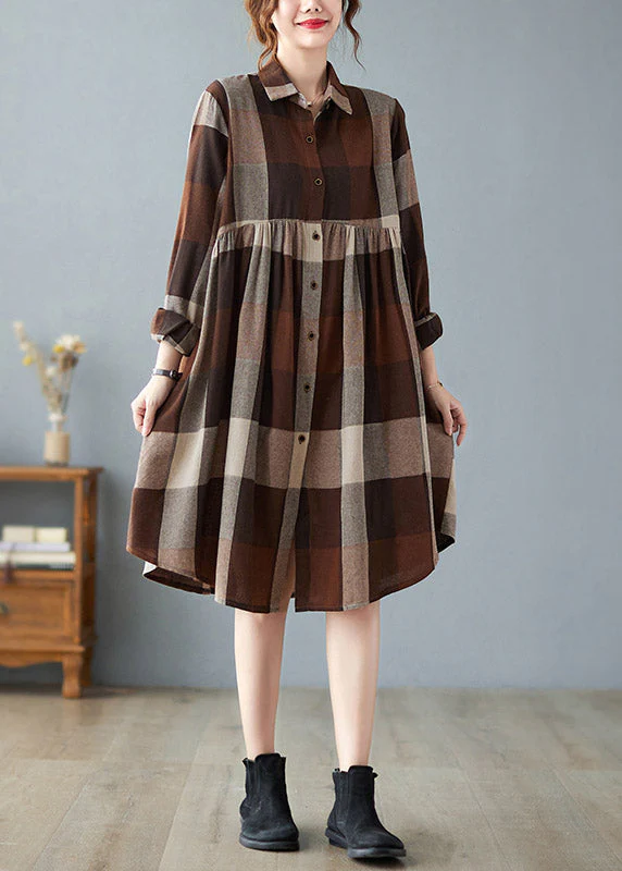Fashion Peter Pan Collar Button Wrinkled Long Plaid Shirts Dress Long Sleeve - republicanstateiFashion Peter Pan Collar Button Wrinkled Long Plaid Shirts Dress Long Sleeve - republicanstatei
