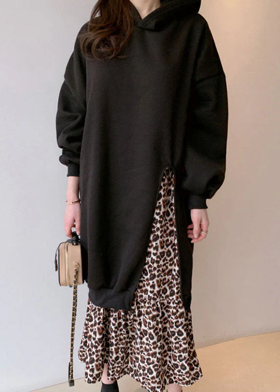 Handmade Black Hooded Patchwork Leopard False Two Pieces Cotton Dress Spring - republicanstateiHandmade Black Hooded Patchwork Leopard False Two Pieces Cotton Dress Spring - republicanstatei