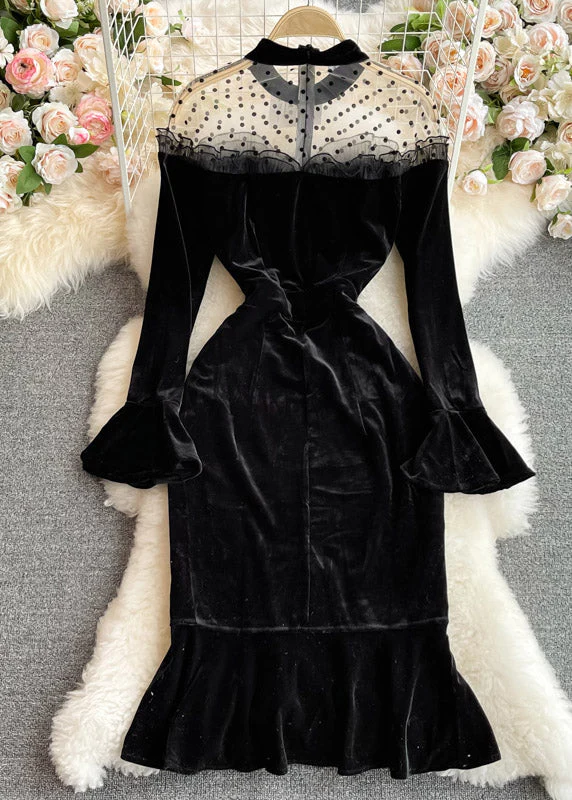 Sexy Black O-Neck Tulle Patchwork Tunic Button Velour Maxi Dresses Long Sleeve - republicanstateiSexy Black O-Neck Tulle Patchwork Tunic Button Velour Maxi Dresses Long Sleeve - republicanstatei