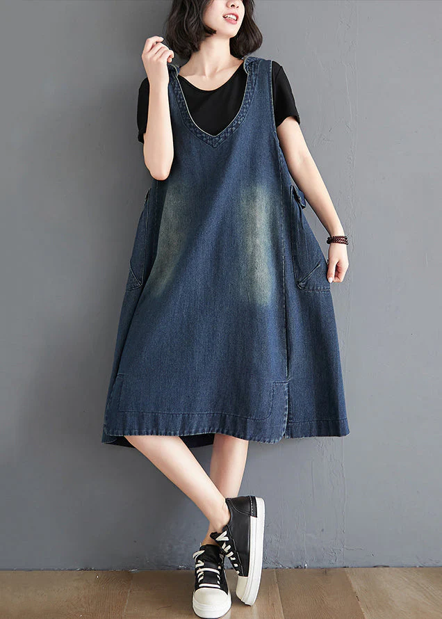 Modern Blue HoodedPockets Patchwork Denim Waistcoat Long Dress Sleeveless - republicanstateiModern Blue HoodedPockets Patchwork Denim Waistcoat Long Dress Sleeveless - republicanstatei