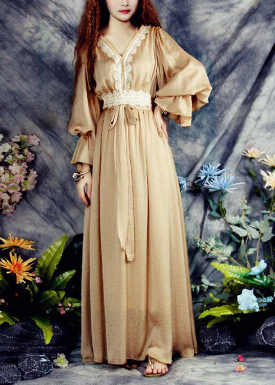 Fashion Khaki V Neck Lace Patchwork Exra Large Hem Silk Cinch Long Dress Spring - republicanstateiFashion Khaki V Neck Lace Patchwork Exra Large Hem Silk Cinch Long Dress Spring - republicanstatei