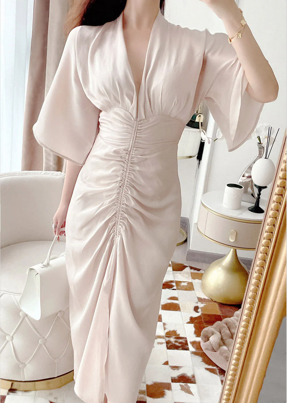 Organic Apricot V Neck Wrinkled Zippered Silk Long Dress Batwing Sleeve - republicanstateiOrganic Apricot V Neck Wrinkled Zippered Silk Long Dress Batwing Sleeve - republicanstatei