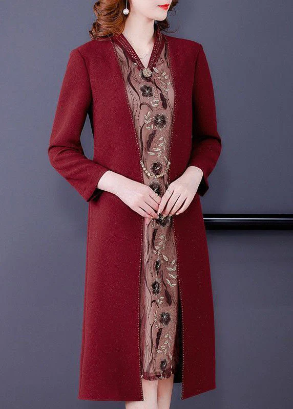 Stylish Mulberry V Neck Patchwork Embroideried Silk Fake Two Piece Dress Bracelet Sleeve - republicanstateiStylish Mulberry V Neck Patchwork Embroideried Silk Fake Two Piece Dress Bracelet Sleeve - republicanstatei