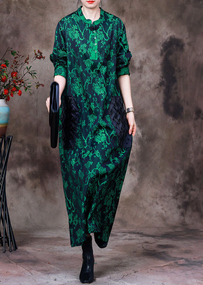 Boho Green Stand Collar Jacquard Patchwork Silk Long Dress Long Sleeve - republicanstateiBoho Green Stand Collar Jacquard Patchwork Silk Long Dress Long Sleeve - republicanstatei