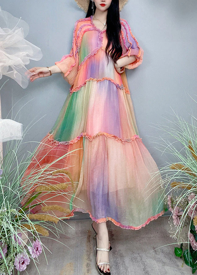Top Quality Gradient Color Ruffled Patchwork Silk Exra Large Hem Long Dress Fall - republicanstateiTop Quality Gradient Color Ruffled Patchwork Silk Exra Large Hem Long Dress Fall - republicanstatei