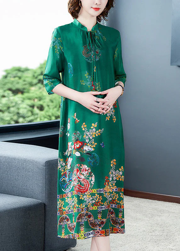 Dinner Green Stand Collar Neck Tie Print Silk Maxi Dresses Long Sleeve - republicanstateiDinner Green Stand Collar Neck Tie Print Silk Maxi Dresses Long Sleeve - republicanstatei