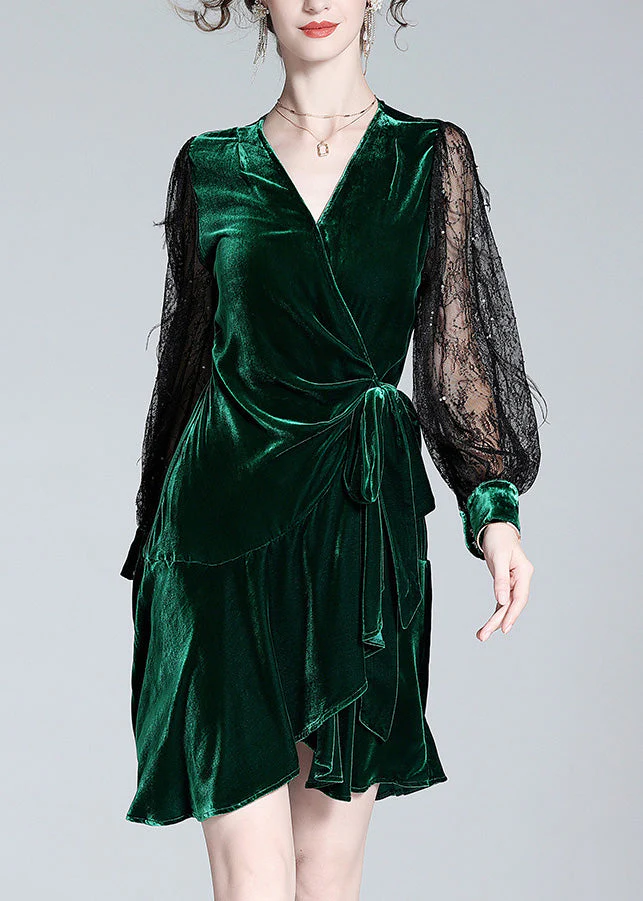 Sexy Green V Neck Tulle Patchwork Tie Waist Silk Velour Holiday Mid Dress Spring - republicanstateiSexy Green V Neck Tulle Patchwork Tie Waist Silk Velour Holiday Mid Dress Spring - republicanstatei