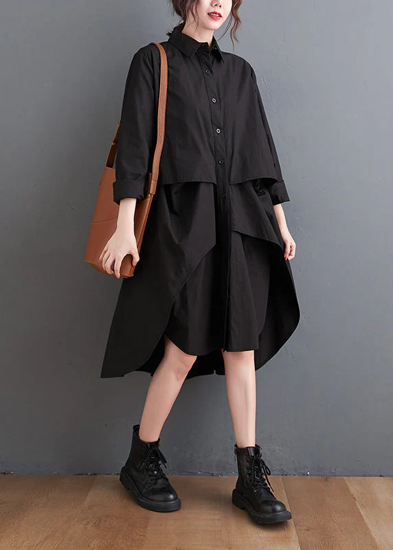 New Black Peter Pan Collar Button Patchwork Cotton Shirts Mid Dress Fall - republicanstateiNew Black Peter Pan Collar Button Patchwork Cotton Shirts Mid Dress Fall - republicanstatei