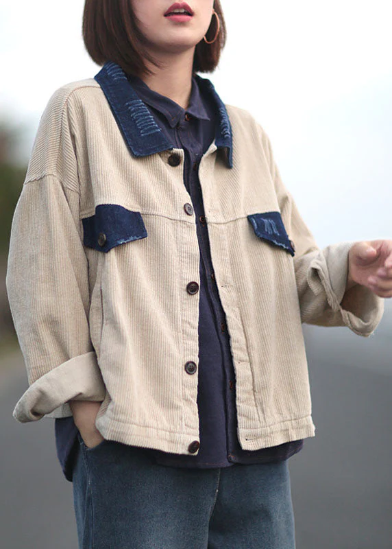 Women Apricot Peter Pan Collar Button Pockets Patchwork Corduroy Coats Long Sleeve - republicanstateiWomen Apricot Peter Pan Collar Button Pockets Patchwork Corduroy Coats Long Sleeve - republicanstatei