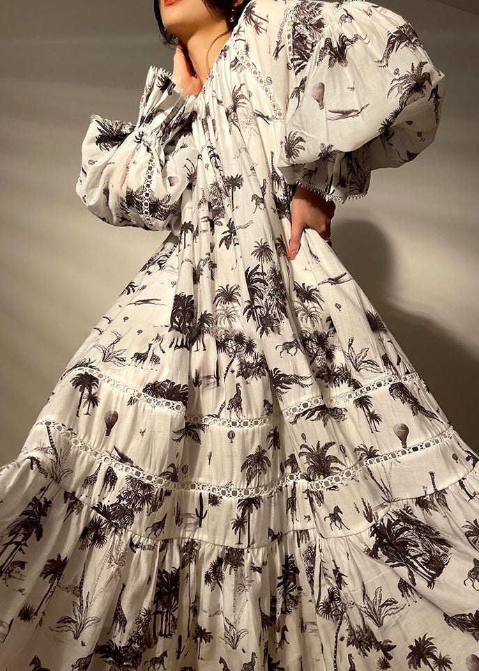 Boho White O-Neck Patchwork Print Exra Large Hem Long Dress Lantern Sleeve - republicanstateiBoho White O-Neck Patchwork Print Exra Large Hem Long Dress Lantern Sleeve - republicanstatei