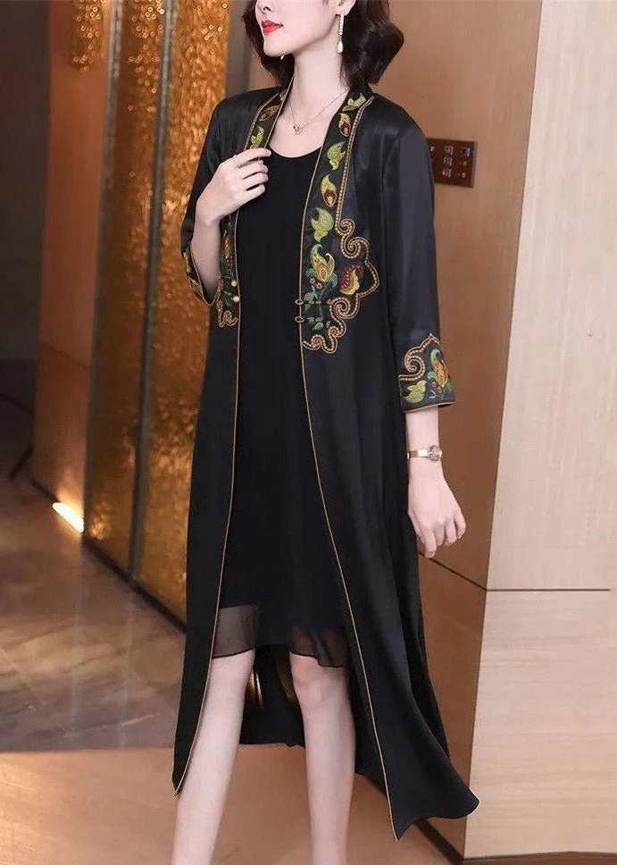 Modern Black V Neck Embroideried Floral Button Trench Coat Long Sleeve - republicanstateiModern Black V Neck Embroideried Floral Button Trench Coat Long Sleeve - republicanstatei
