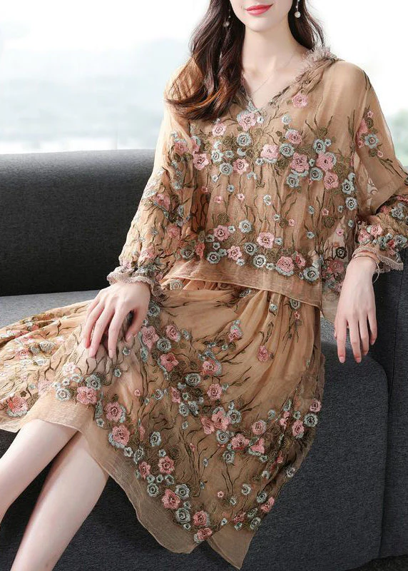 Boutique Beige Hooded Embroideried Patchwork Silk Fake Two Piece Dresses Spring - republicanstateiBoutique Beige Hooded Embroideried Patchwork Silk Fake Two Piece Dresses Spring - republicanstatei