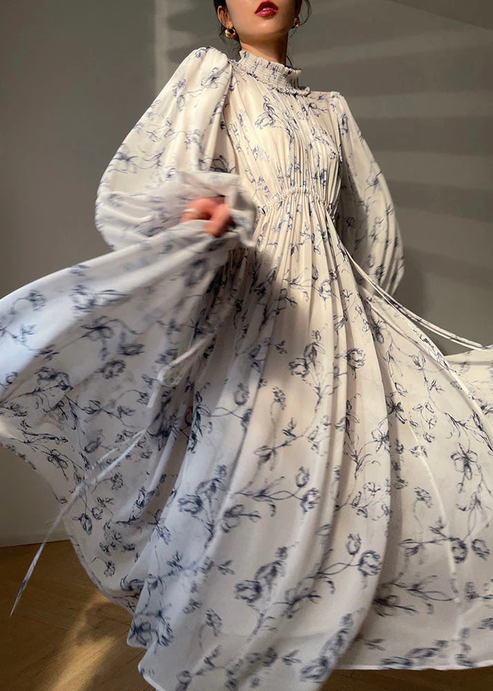 Modern White Stand Collar Ruffled Print Exra Large Hem Silk Cinch Dress Long Sleeve - republicanstateiModern White Stand Collar Ruffled Print Exra Large Hem Silk Cinch Dress Long Sleeve - republicanstatei