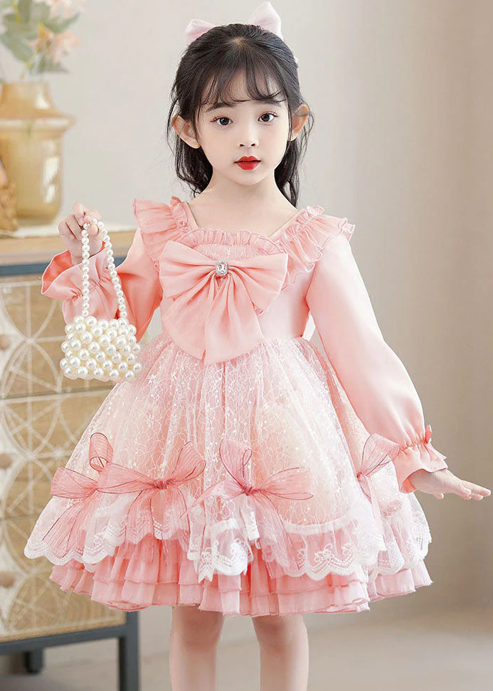 Lovely Pink Square Collar Bow Patchwork Tulle Kids Mid Dresses Long Sleeve - republicanstateiLovely Pink Square Collar Bow Patchwork Tulle Kids Mid Dresses Long Sleeve - republicanstatei