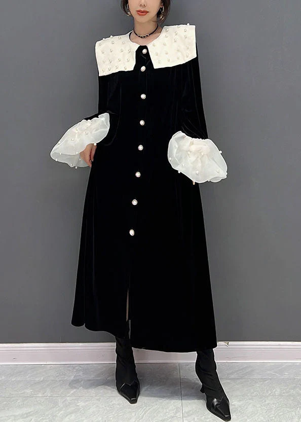 Elegant Black Peter Pan Collar Patchwork Nail Bead Silk Velour Dresses Spring - republicanstateiElegant Black Peter Pan Collar Patchwork Nail Bead Silk Velour Dresses Spring - republicanstatei