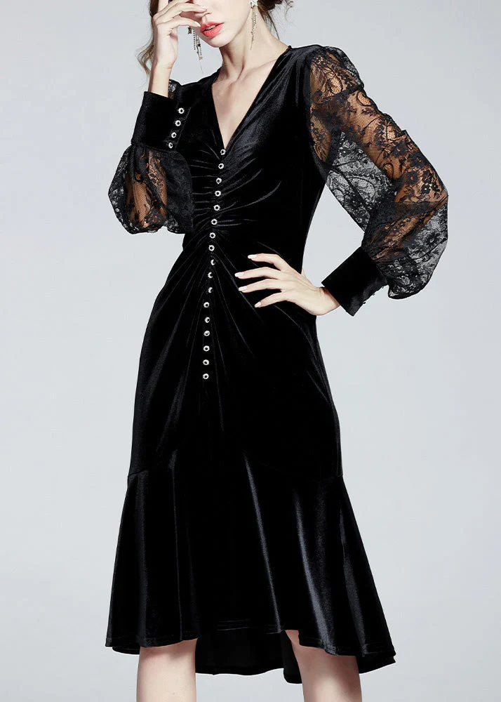 Fine Black V Neck Embroideried Tulle Patchwork Slim Velour Fishtail Dresses Spring - republicanstateiFine Black V Neck Embroideried Tulle Patchwork Slim Velour Fishtail Dresses Spring - republicanstatei