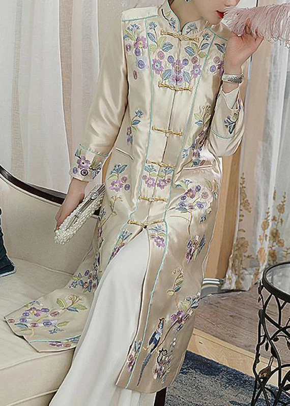 Vogue Champagne Stand Collar Embroideried Floral Bird Button Pockets Satin Coats Long Sleeve - republicanstateiVogue Champagne Stand Collar Embroideried Floral Bird Button Pockets Satin Coats Long Sleeve - republicanstatei