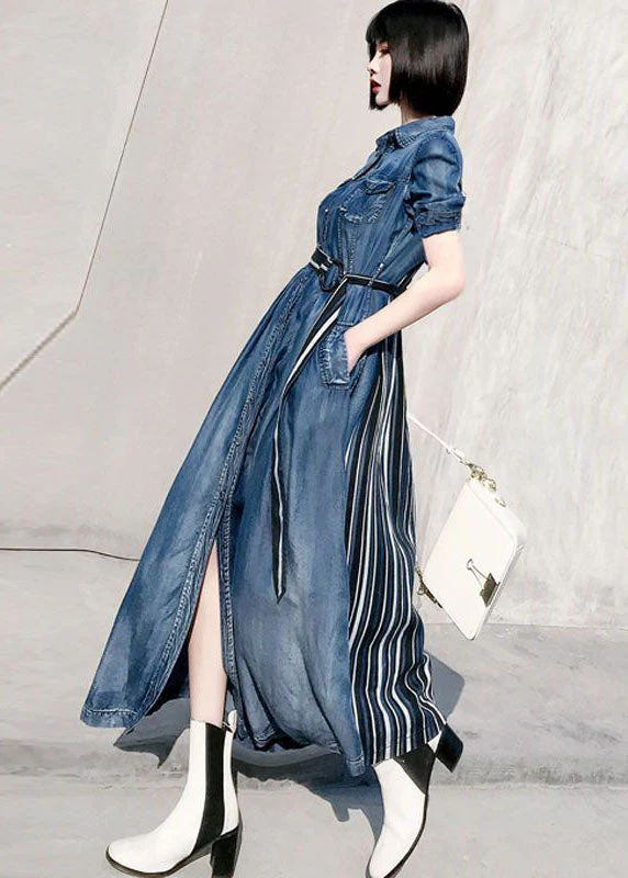 Style Blue Peter Pan Collar Patchwork Striped Denim Cinched Dress Spring - republicanstateiStyle Blue Peter Pan Collar Patchwork Striped Denim Cinched Dress Spring - republicanstatei