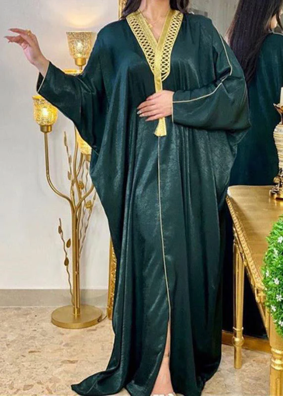Women Blackish Green V Neck Patchwork Velour Maxi Dresses Batwing Sleeve - republicanstateiWomen Blackish Green V Neck Patchwork Velour Maxi Dresses Batwing Sleeve - republicanstatei