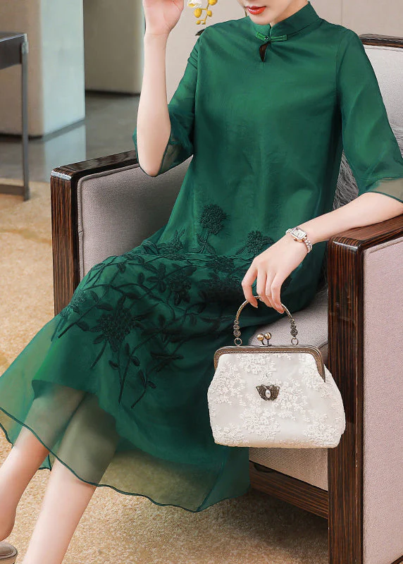 Elegant Green Stand Collar Embroideried Floral Button Tulle Long Dresses Half Sleeve - republicanstateiElegant Green Stand Collar Embroideried Floral Button Tulle Long Dresses Half Sleeve - republicanstatei